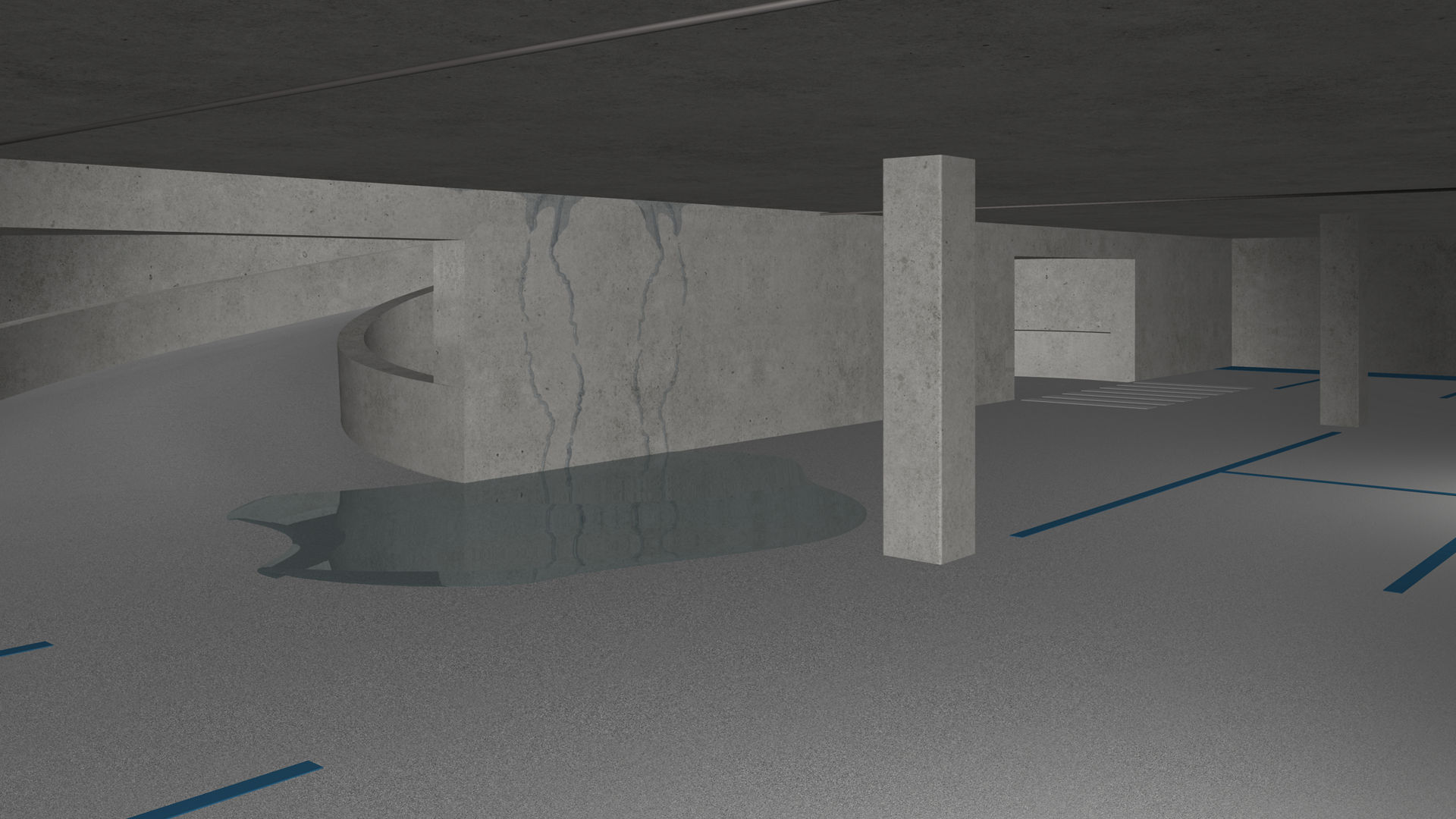 Empty parking garage with water leaking trhough the ceiling and a puddle on the floor