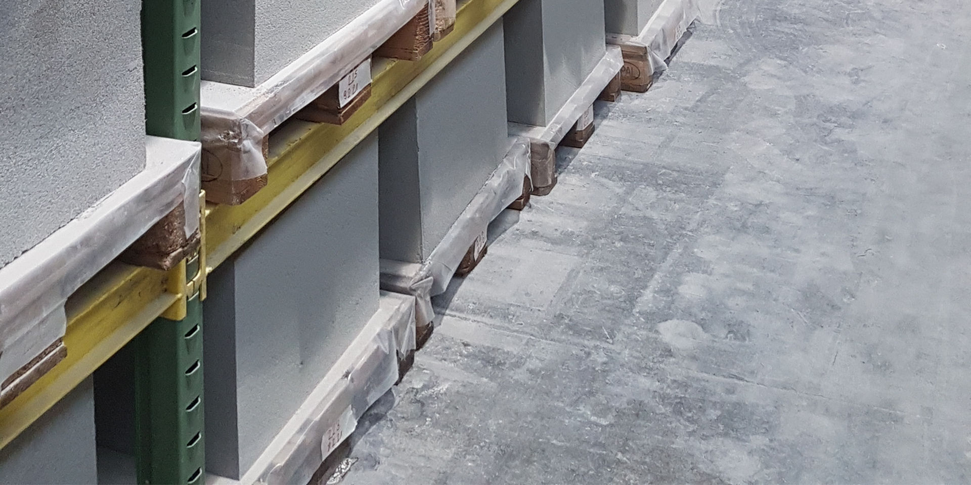 blocks of insulation board foam stacked on shelves