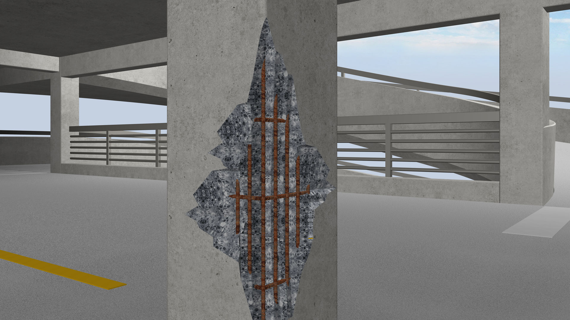 Cracked concrete pillar with exposed corroded rebars