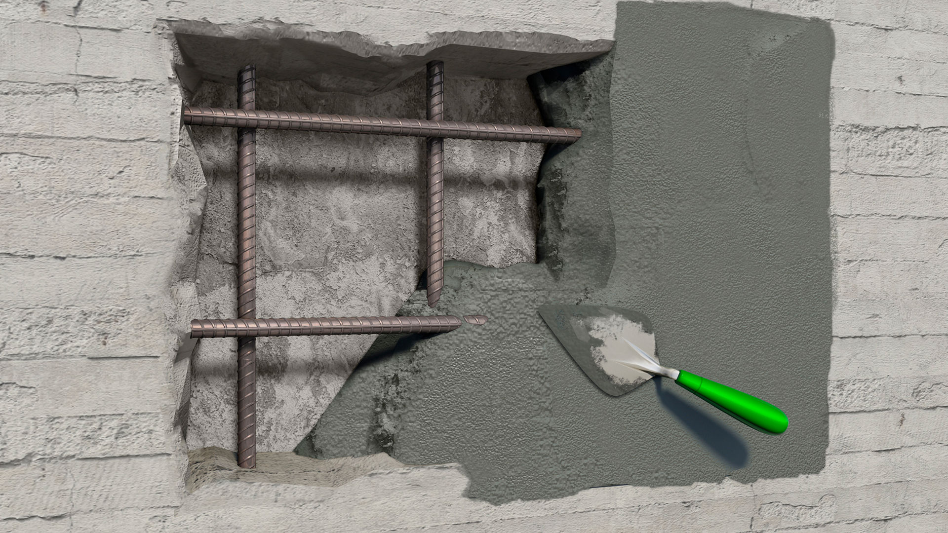 Broken wall is being repaired, with putty
