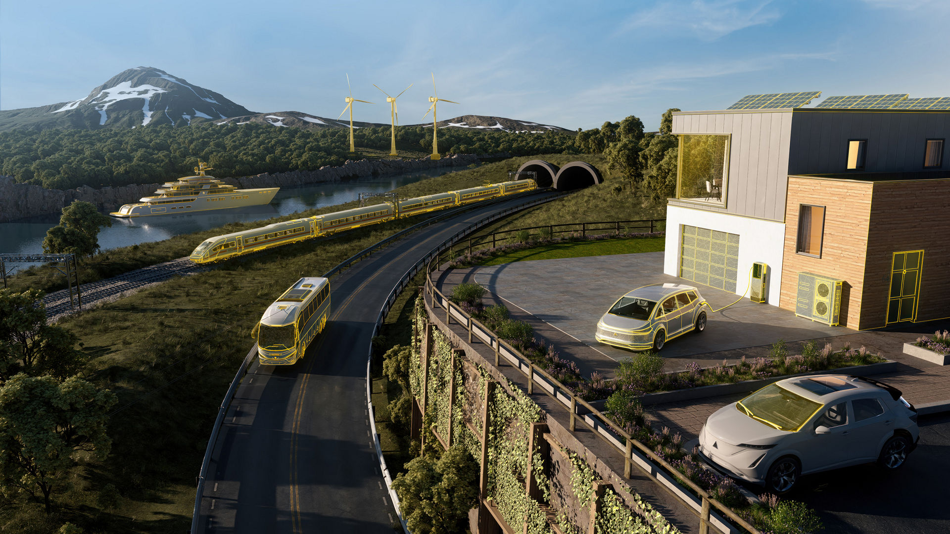 Landscape with a building, a street with vehicles on and wind turbines in the back. There is also a lake with a ship. The yellow highlighted objects in the picture are showing in which markets Sika A&I is active.   