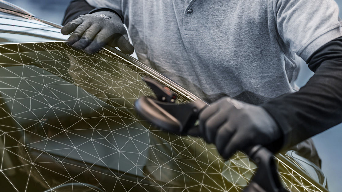 Autoglass replacement adhesive application highlighted with line drawings 