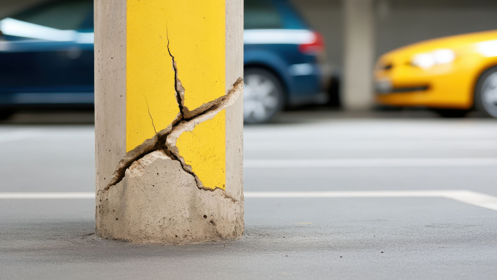 A cracked concrete pillar with yellow markings inside a parking garage, a yellow and a teal colored cars blurred in the background