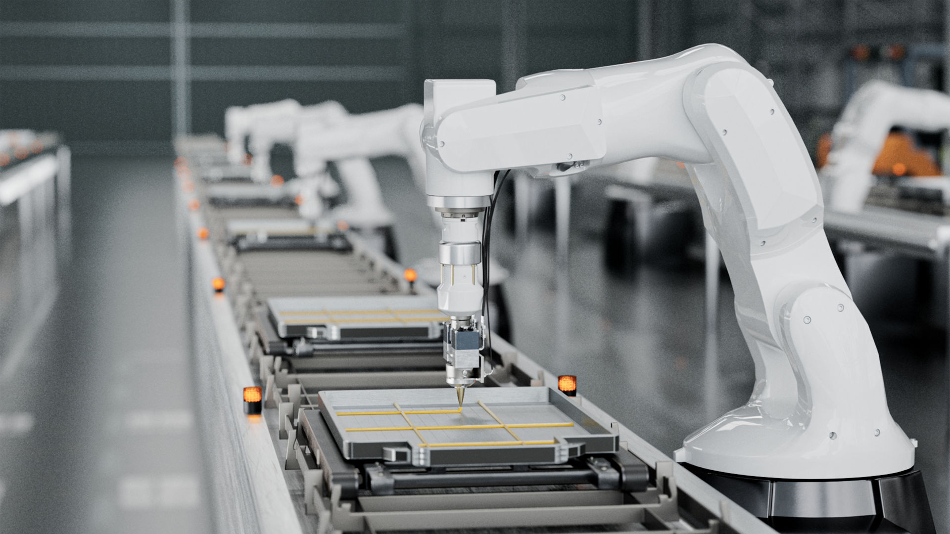 Robotic arm assembling electric vehicle batteries 