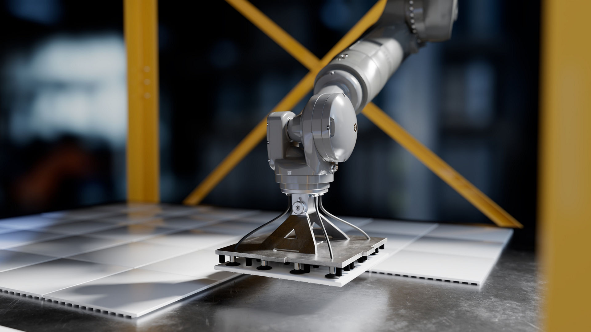 Robot head placing tile in pod module 