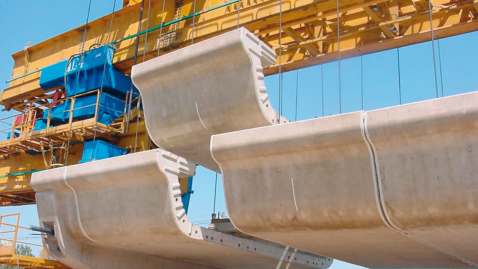 Close-up of a bridge made from precast concrete elements being assembled