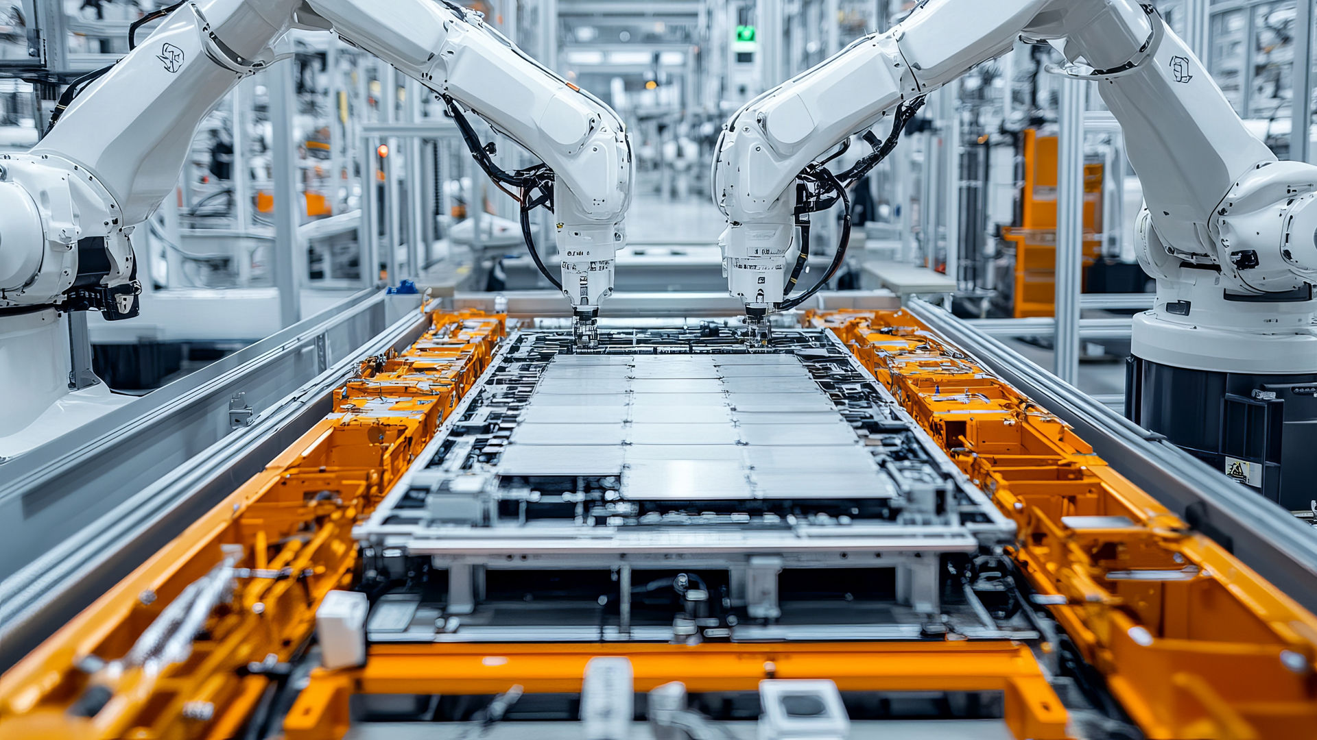 Robotic arms assembling a battery pack 