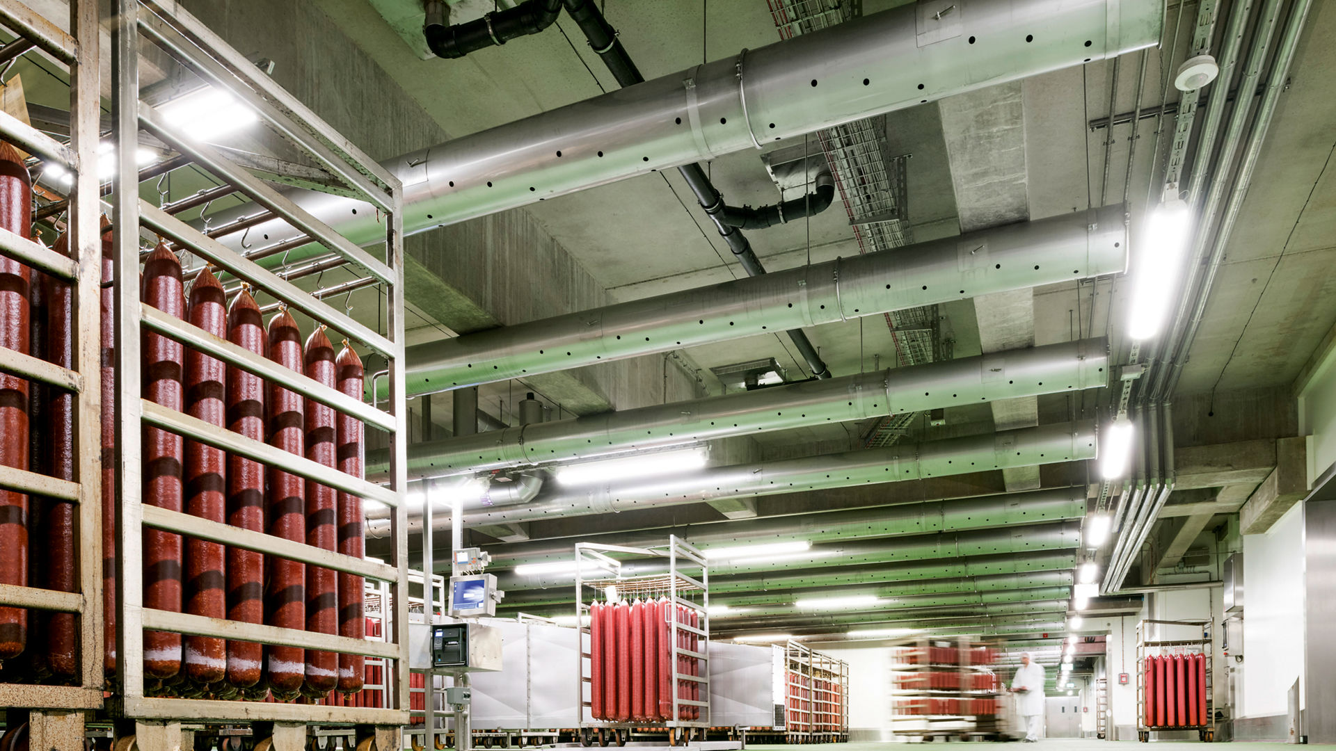Racks of sausages and cured meats hanging in meat processing facility