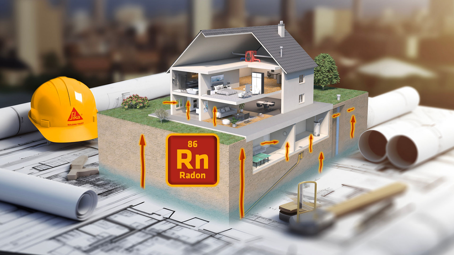 3D rendering of a desk with blueprints and a hard hat on top. A residential house emerging from the blueprints, showing the possible ingress points of Radon gas into the house.