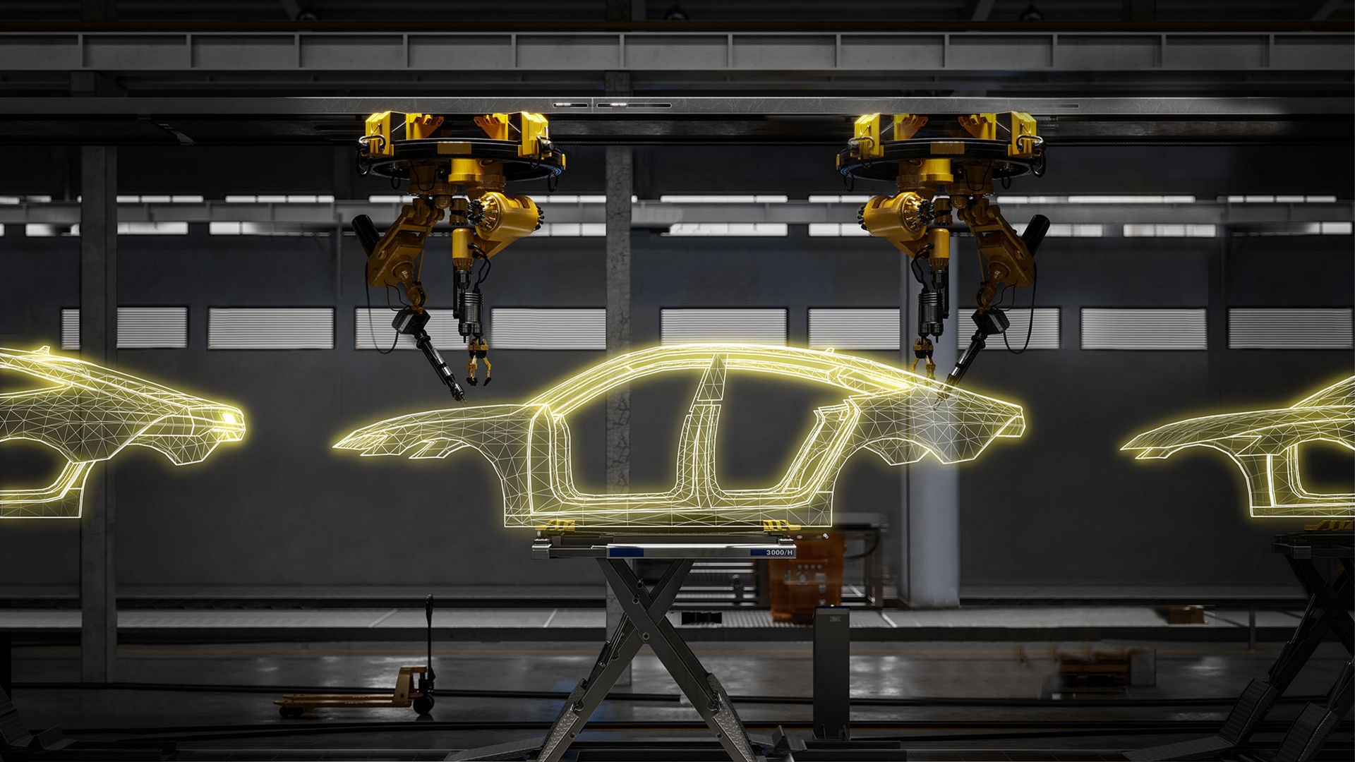 a car in factory  on an assembly line with yellow highlighted lines   