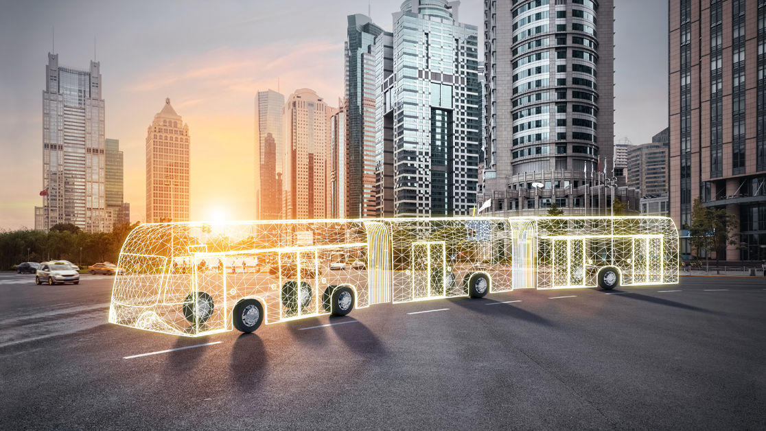 Futuristic electric bus in urban skyline