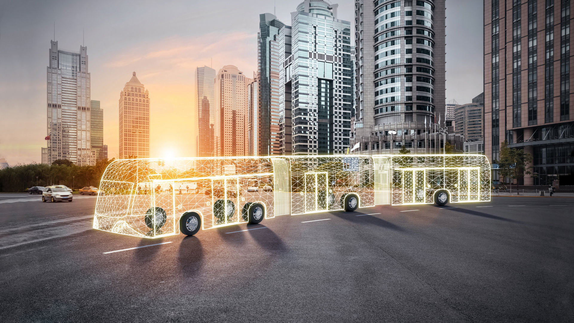 Electric bus adhesive application highlighted with line drawings 