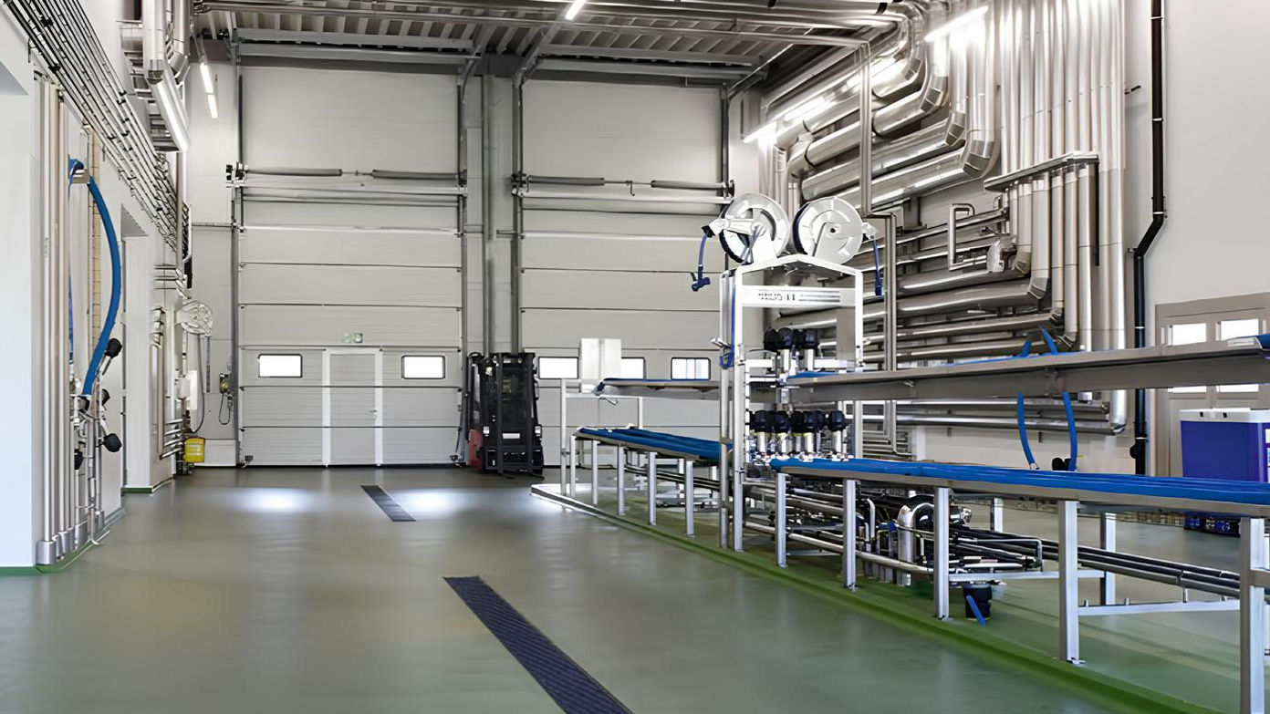 Industrial food processing facility with stainless steel equipment