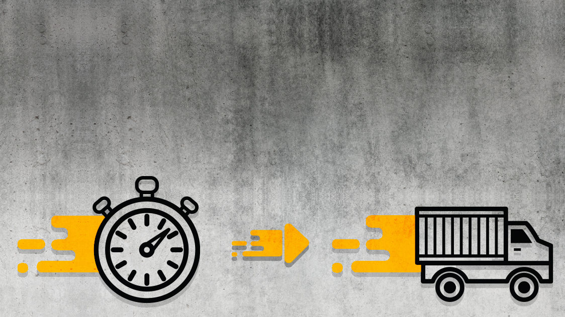 Blac icons showing search, fast time watch and delivery truck on concrete grey background