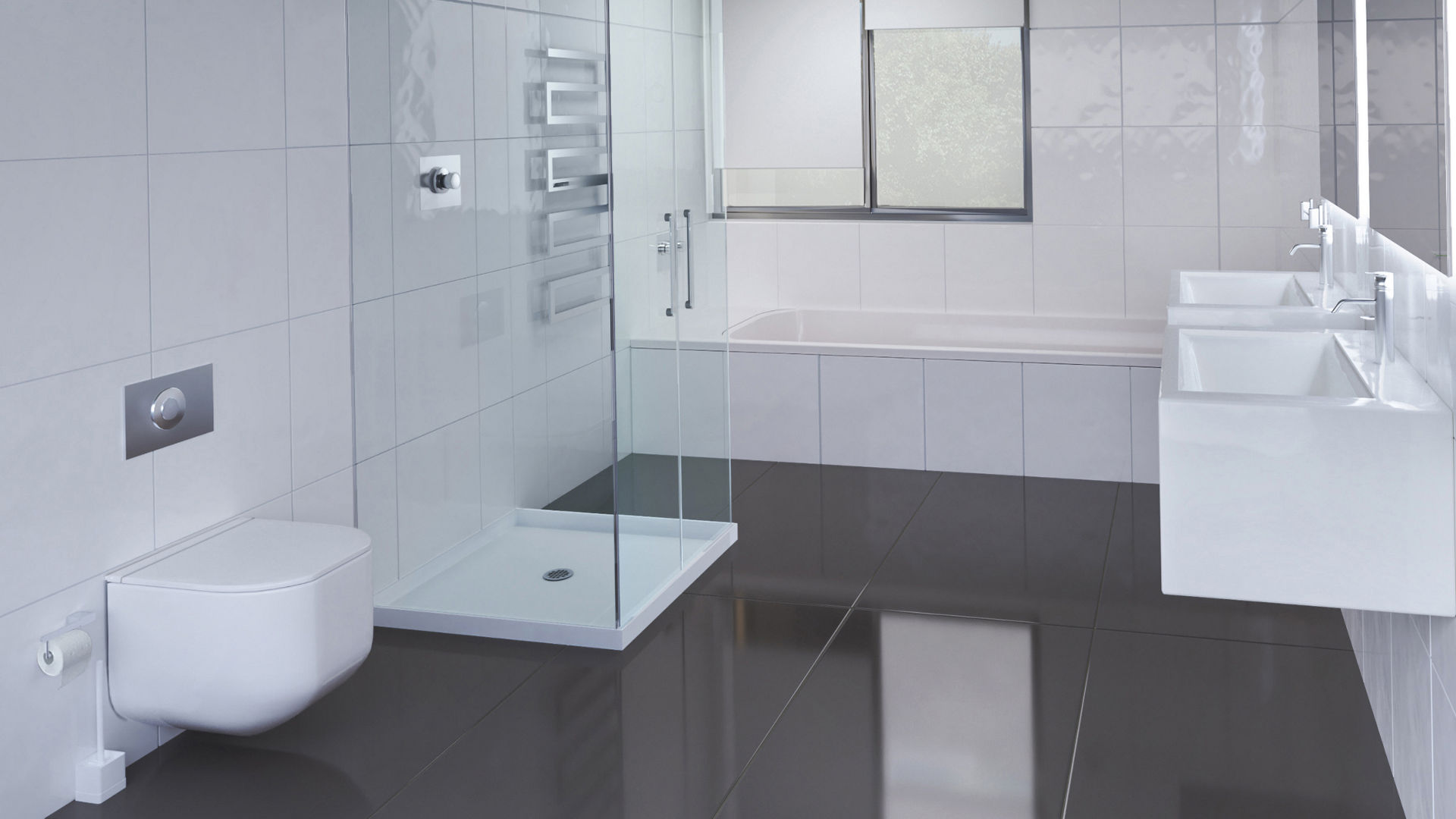 Modern bathroom with shower, WC and washbasin