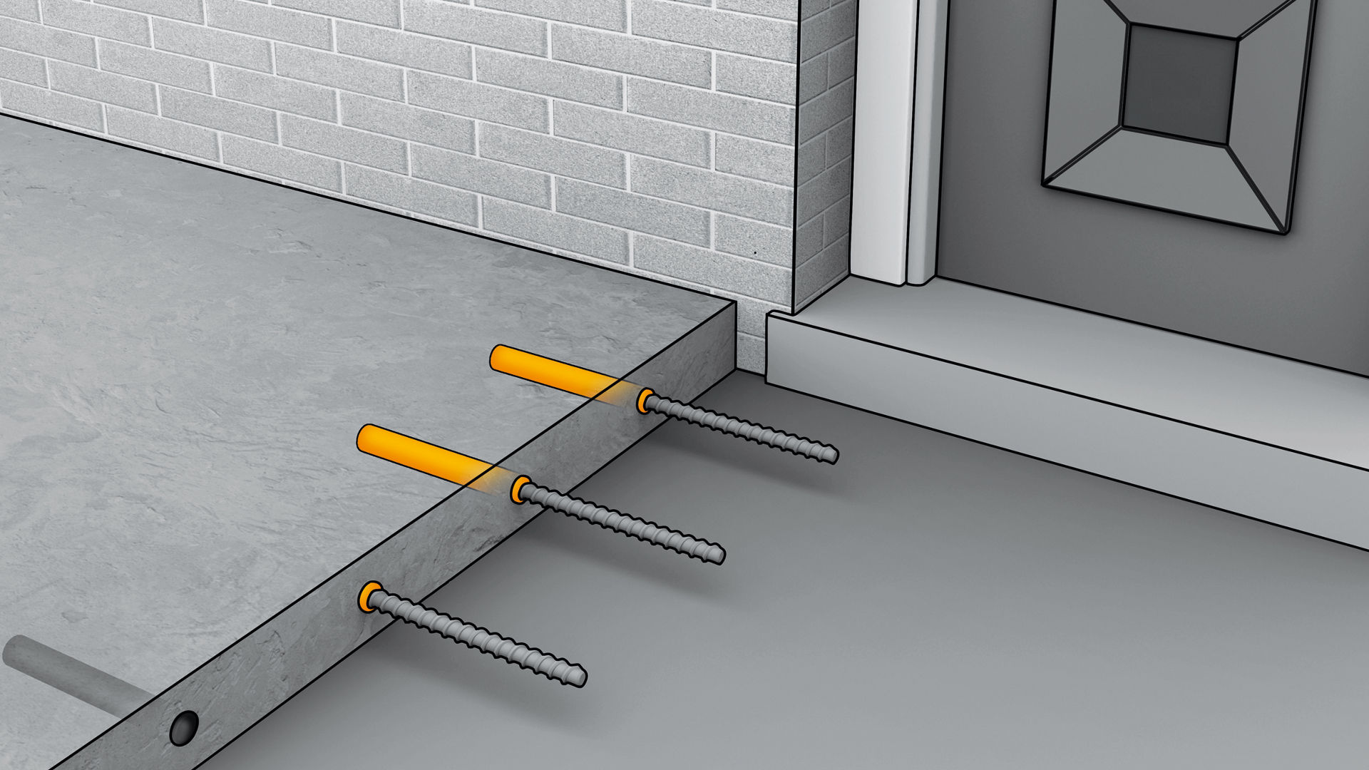 Greyscale image with yellow highlights showing chemical anchoring of rebars in a concrete slab