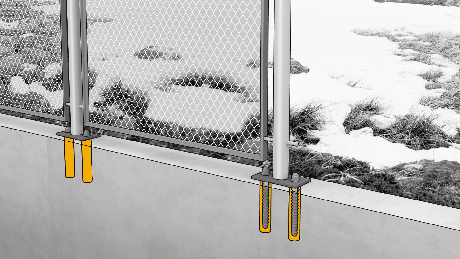 Greyscale image with yellow highlights showing chemical anchoring of rebars of fence poles in a cold climate environment