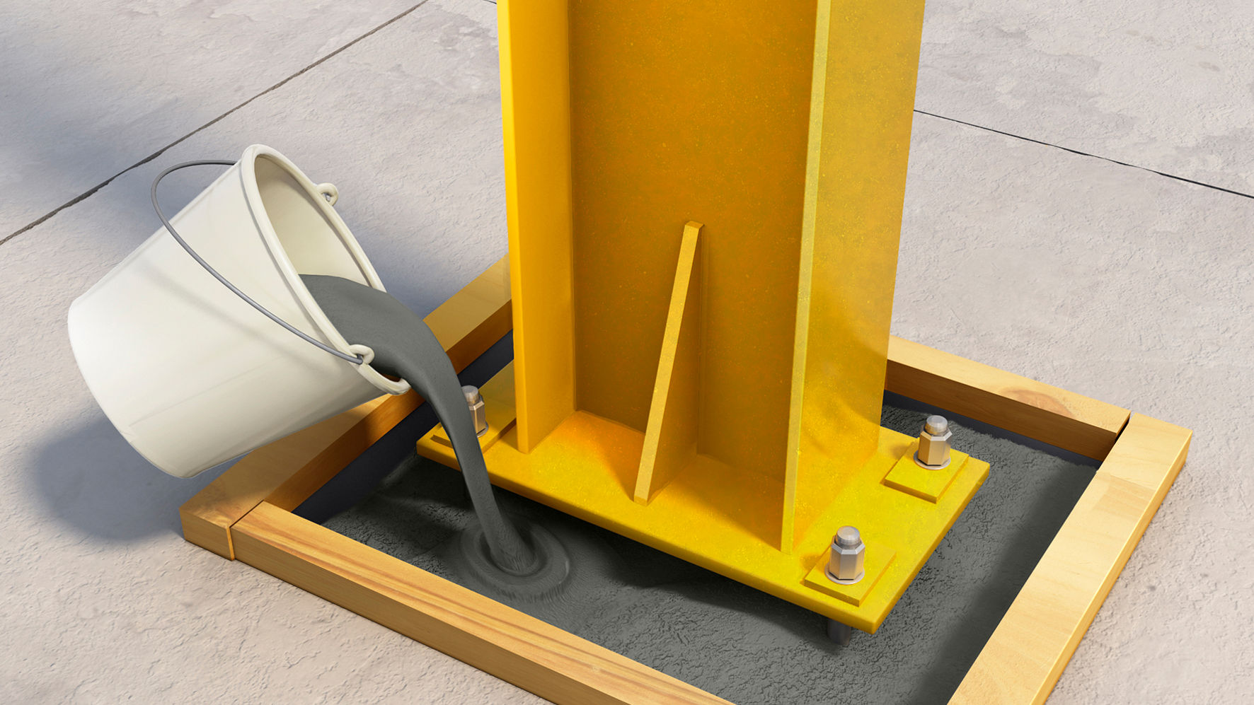A yellow steel girder is fixed with concrete