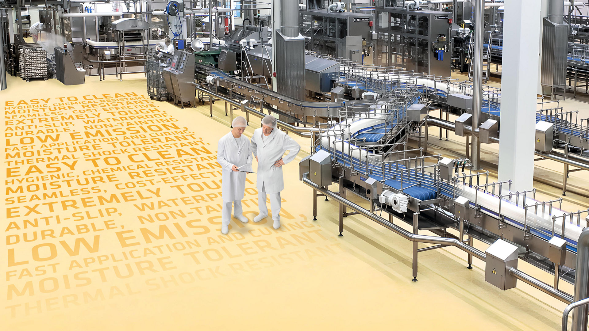 Sika Ucrete yellow floor in food and beverage factory with 2 workers with text benefits