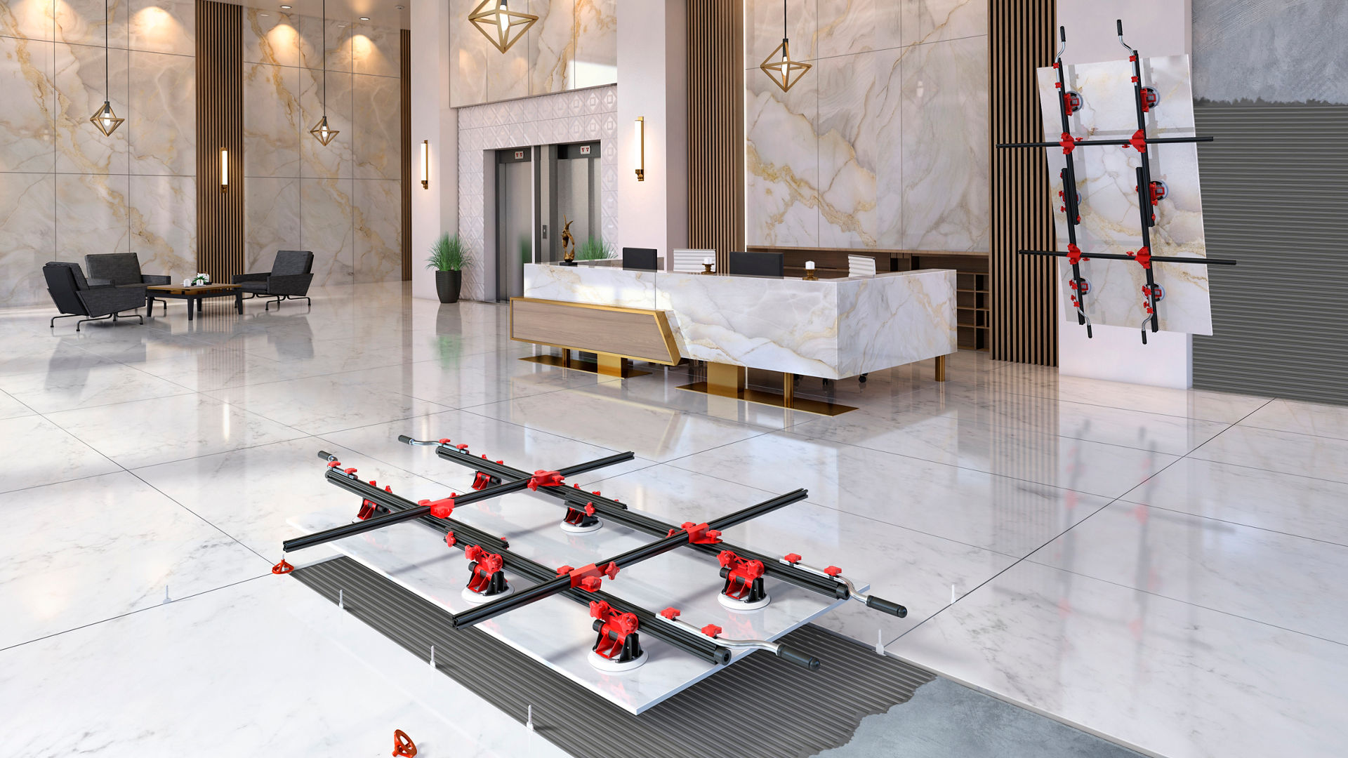 3D rendering of large scale tiles being bonded to the floor and wall of a hotel lobby