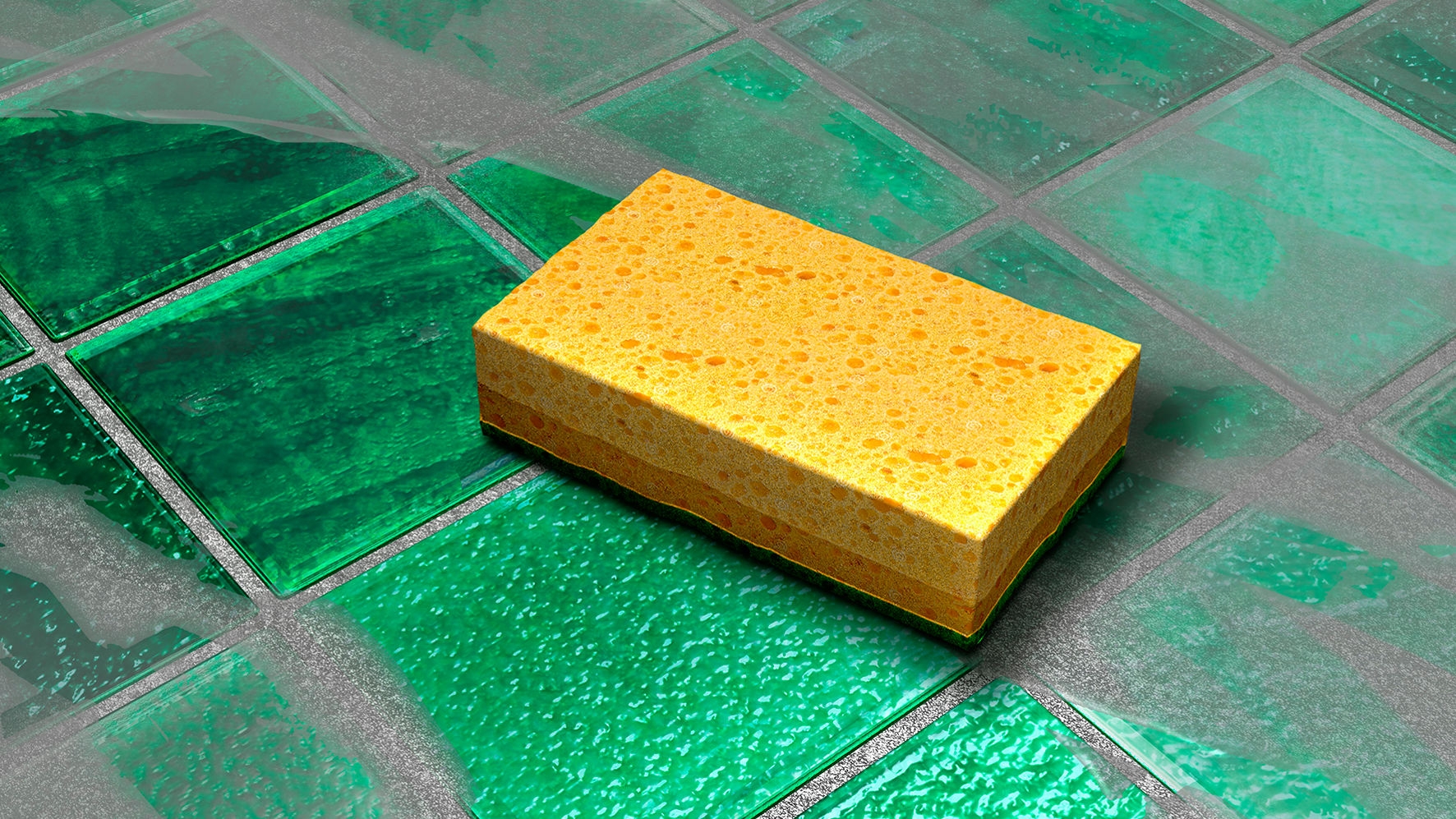 washing grouted green tiles off with sponge