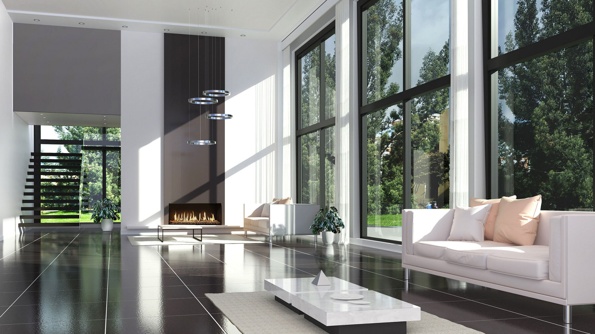 dark grey tile floor in living room with high ceiling and large windows and sunlight