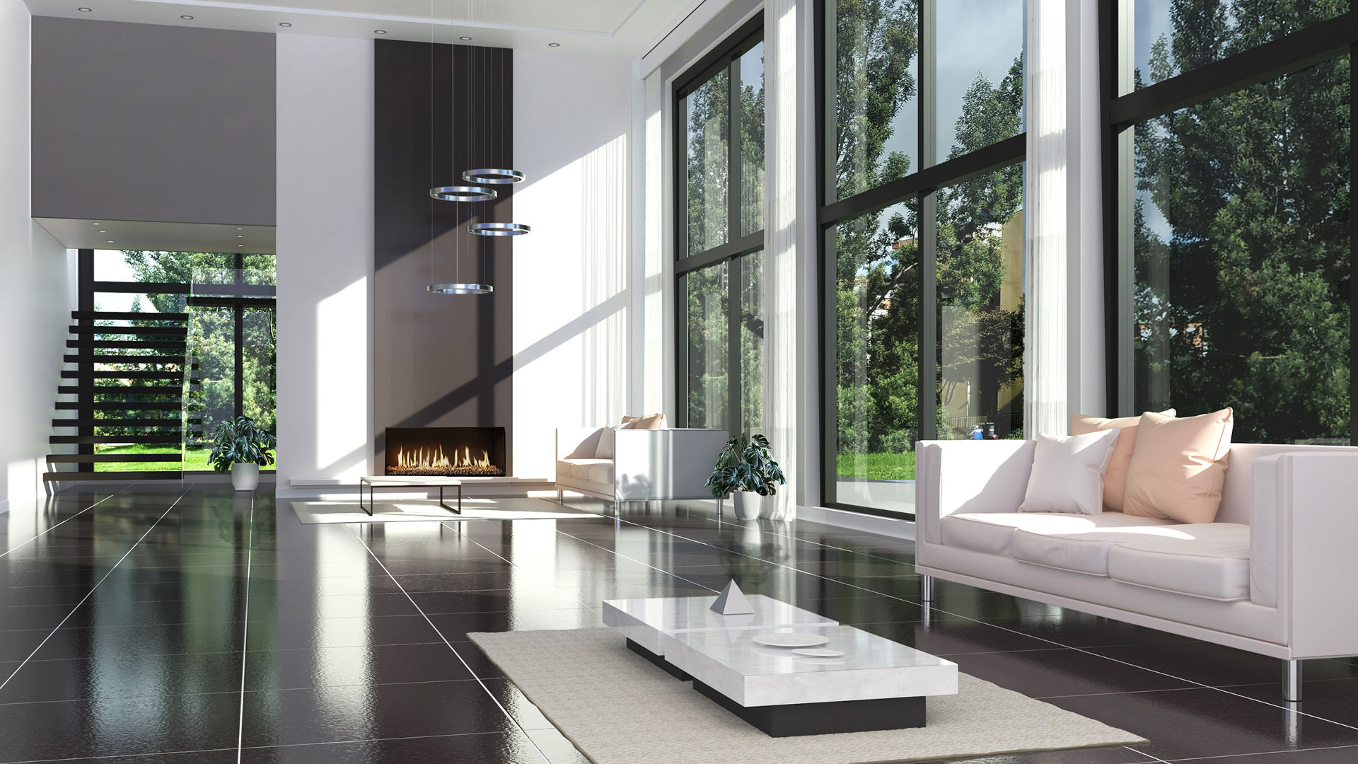 dark grey tile floor in living room with high ceiling and large windows and sunlight