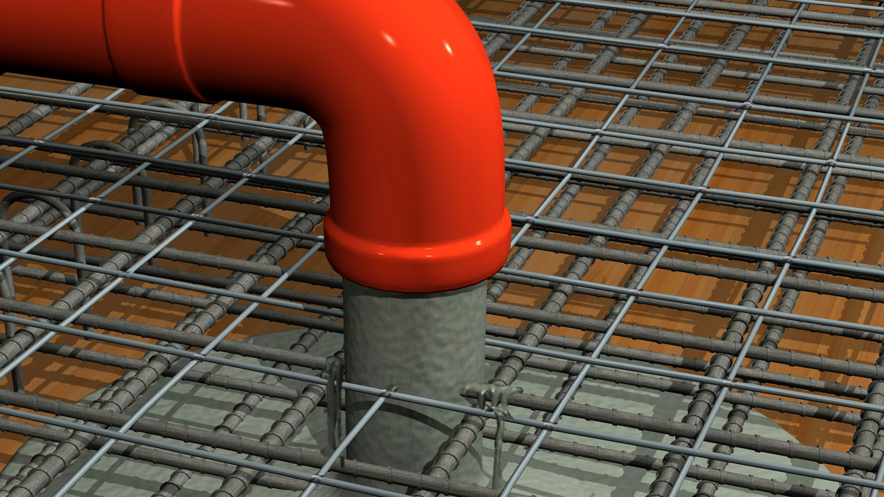Concrete is pumped through a pipe into a filling with steel wire