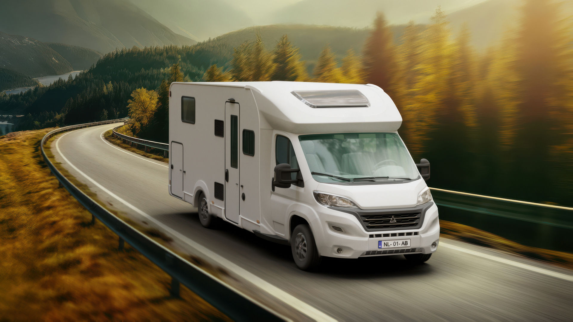 White camper van on scenic mountain road