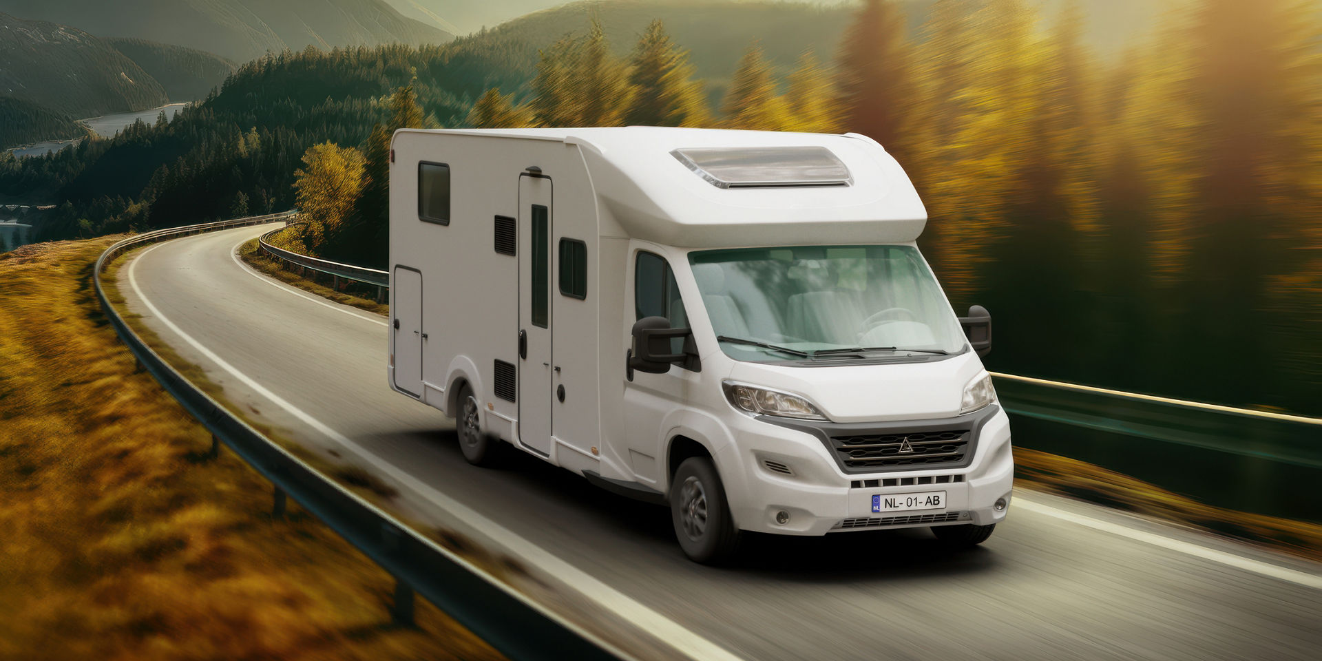 White camper van on scenic mountain road