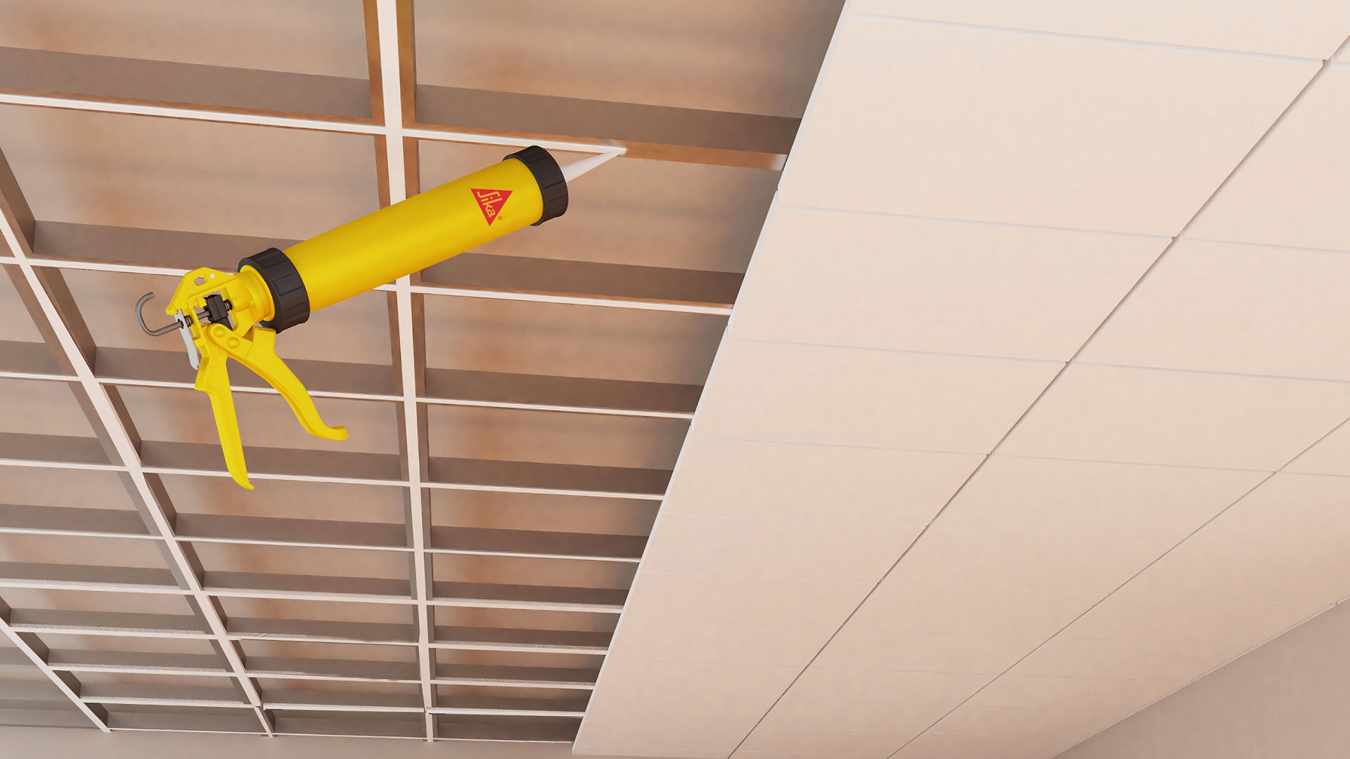 Adhesive is applied to the ceiling with a glue gun to glue panels