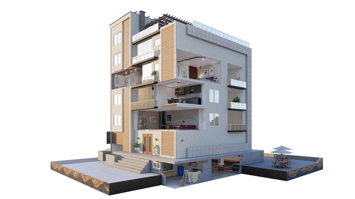 多層住宅剖面圖，顯示各空間