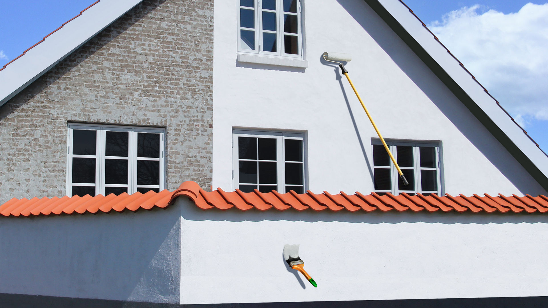 SikaWall white paint applied to house facade with roller and paintbrush