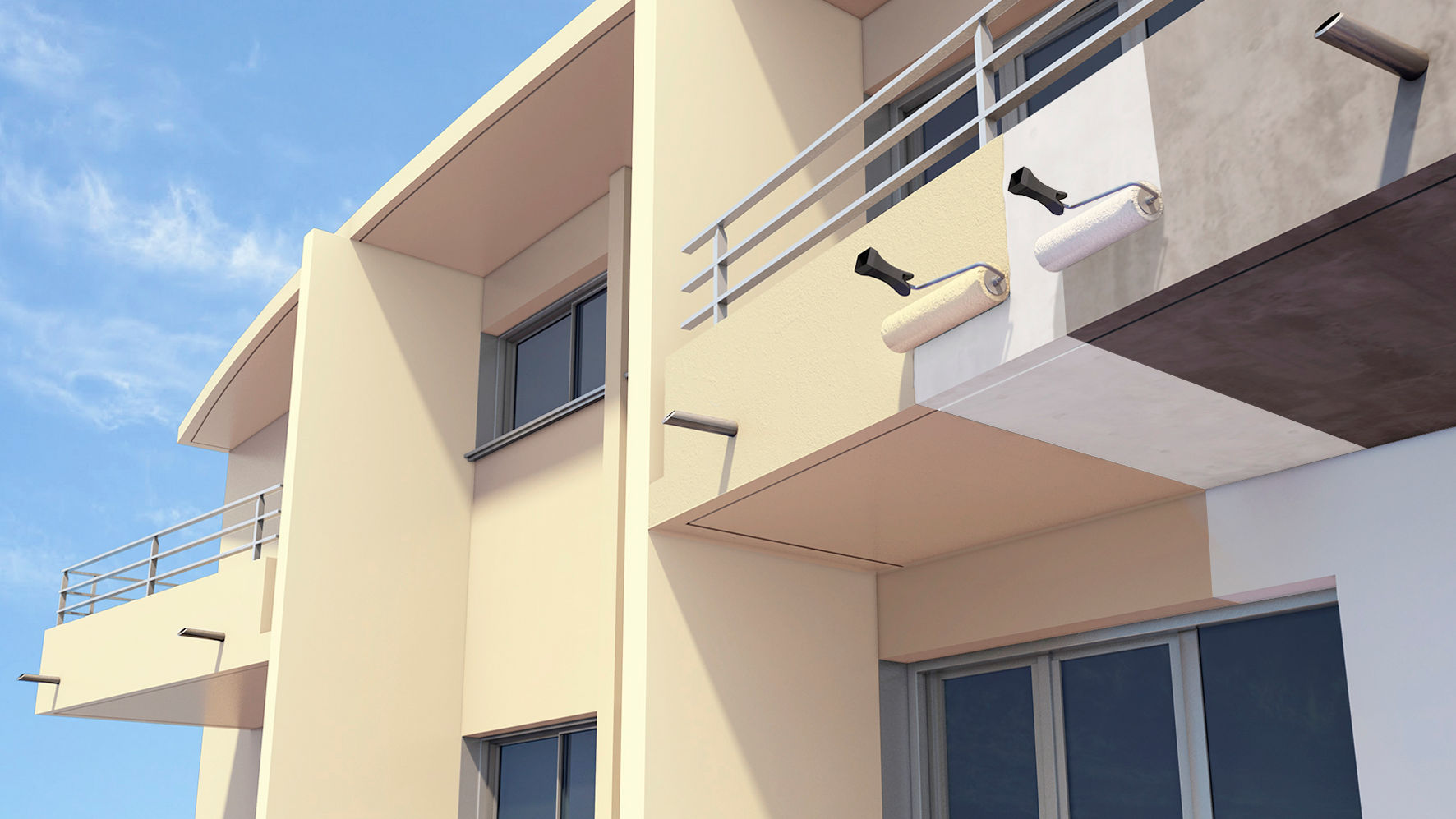Facade coating primer Sikagard application with rollers on beige building balcony