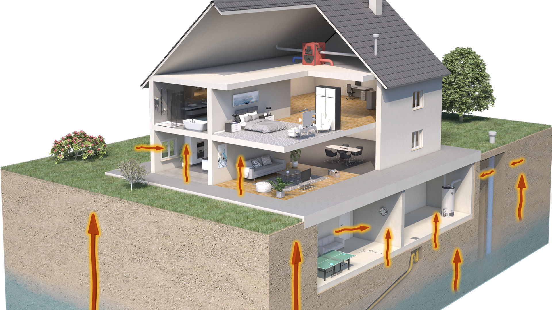 Illustration of house cross-section cutaway showing radon infiltrating below-ground into the basement