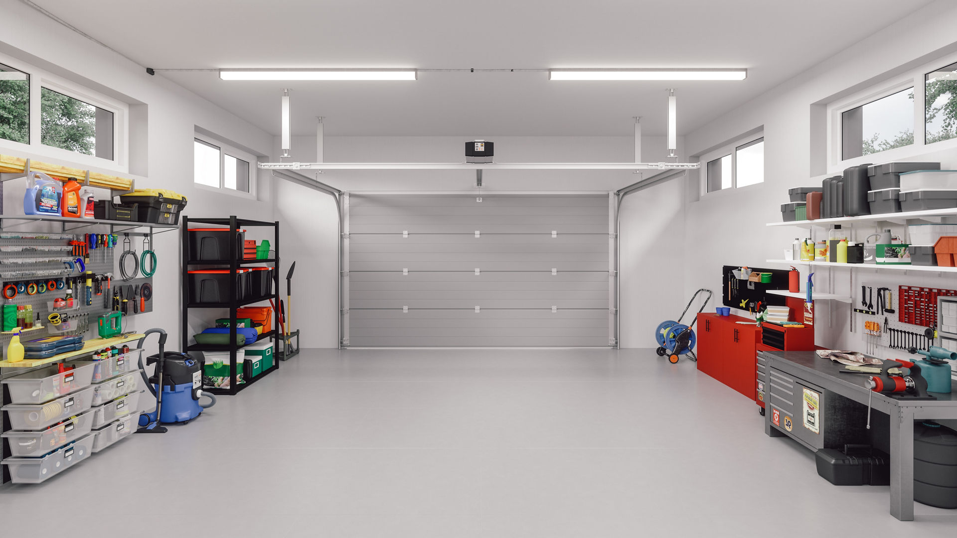 Grey flooring of interior of an empty modern garage in a house