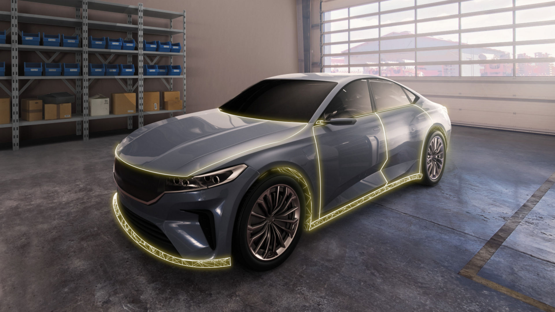 a car in a repair workshop with yellow highlighted lines representing sealing applications  