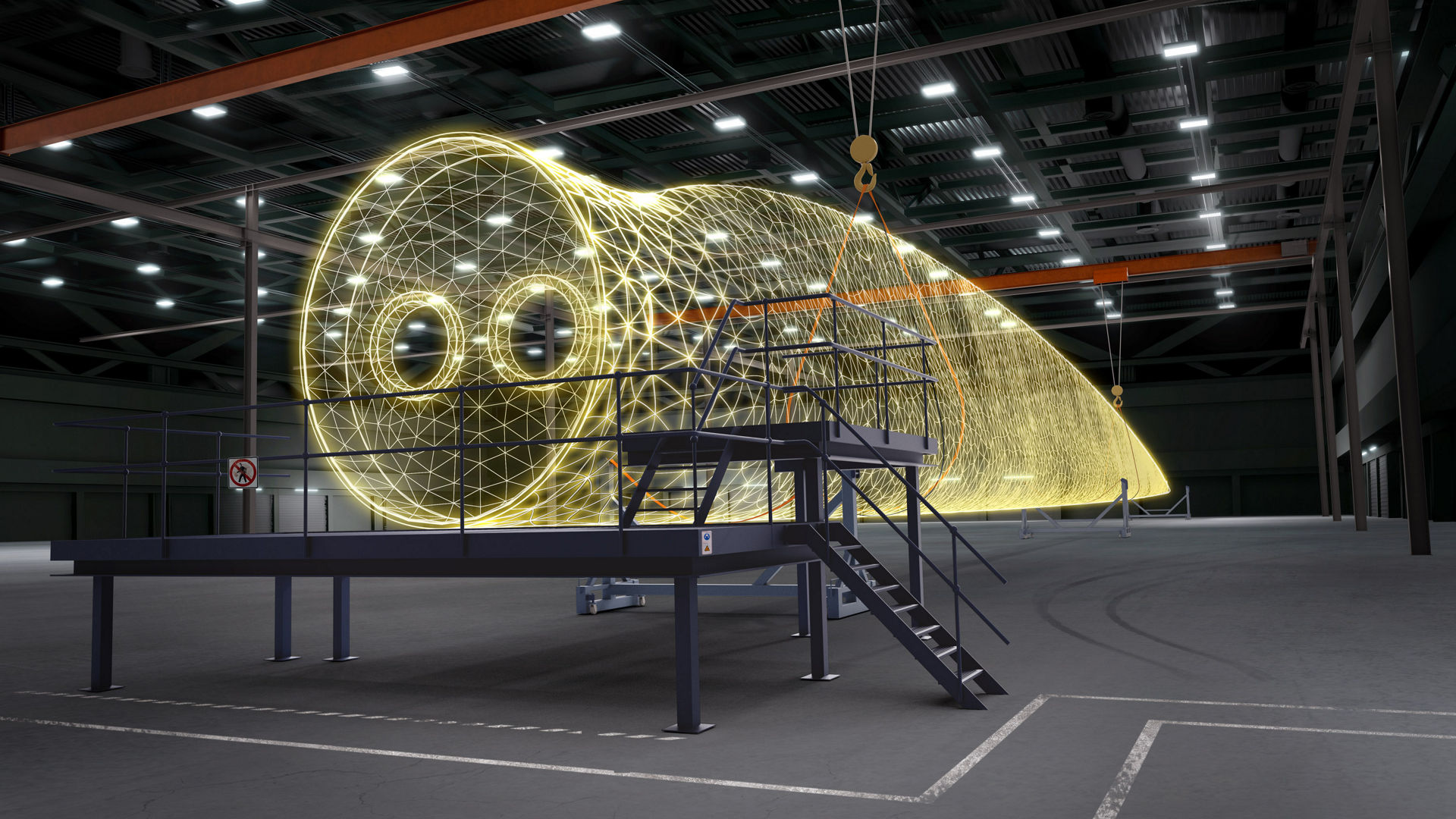 a Wind blade in a factory highlighted yellow lines are representing the applications  