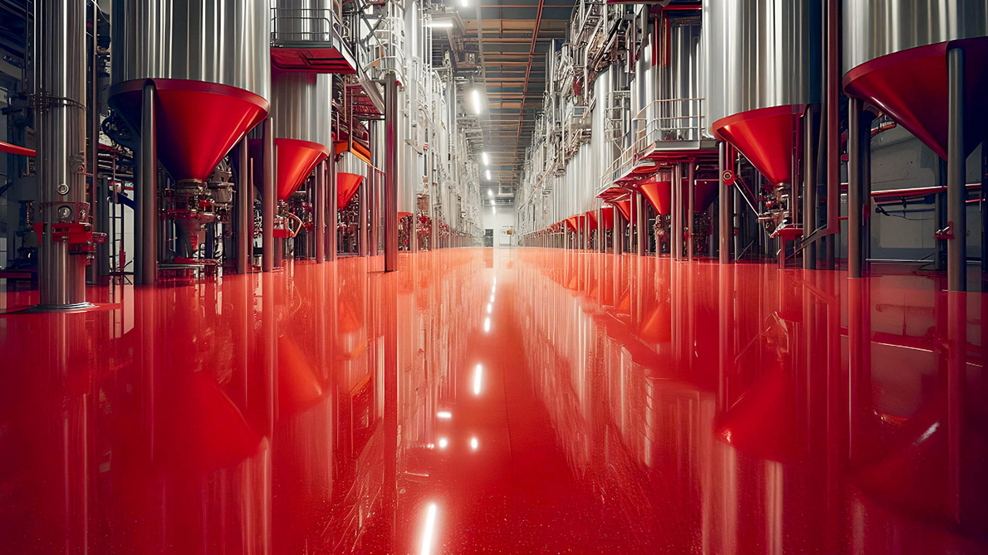 Modern industrial facility with red reflective flooring