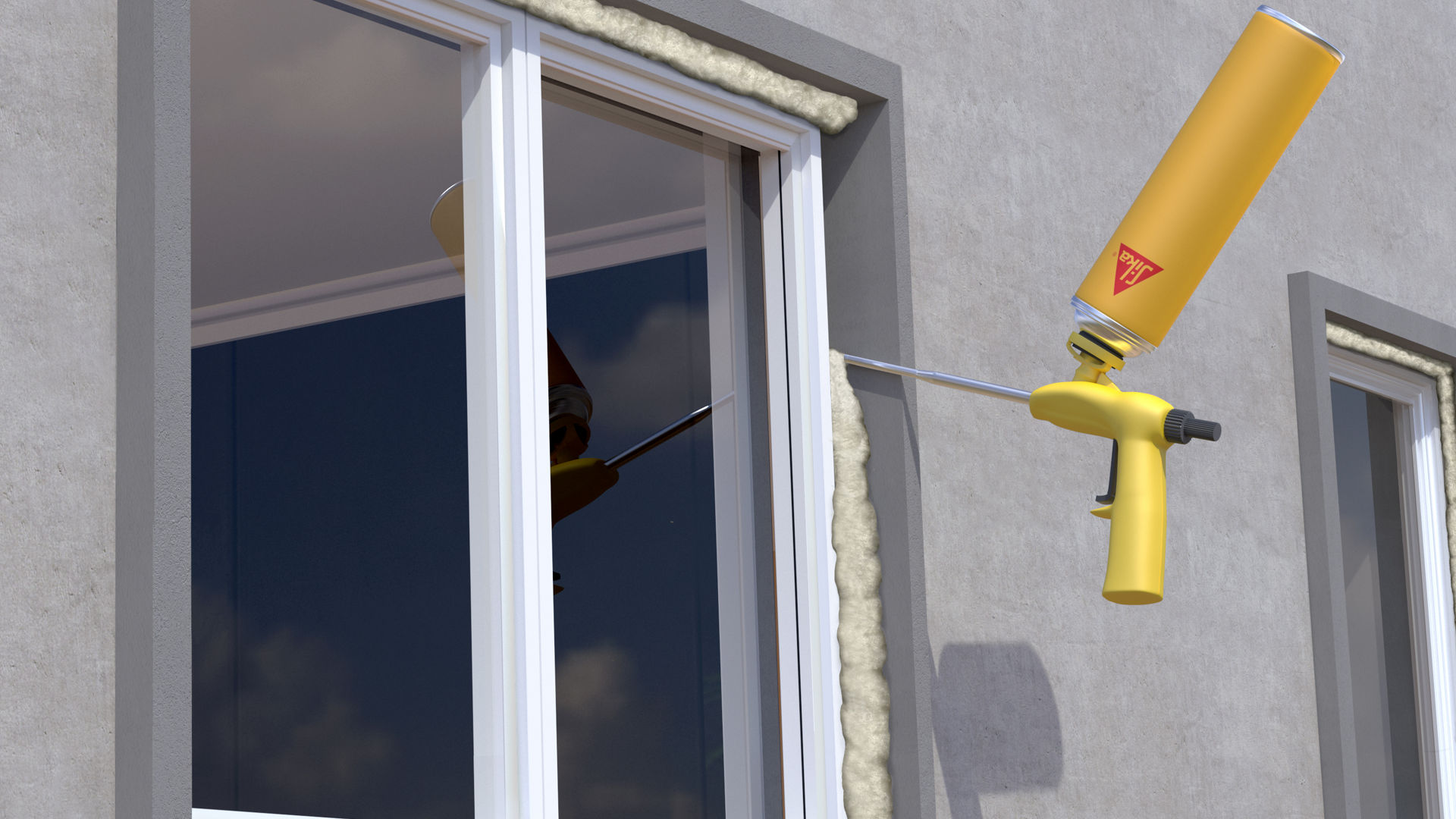 Illustration of Sika Boom construction foam being applied at window joint 
