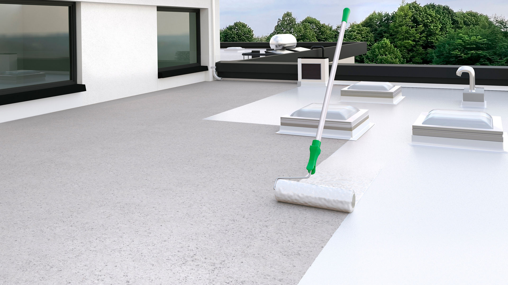 Roof is covered with Sikalastic using a roller