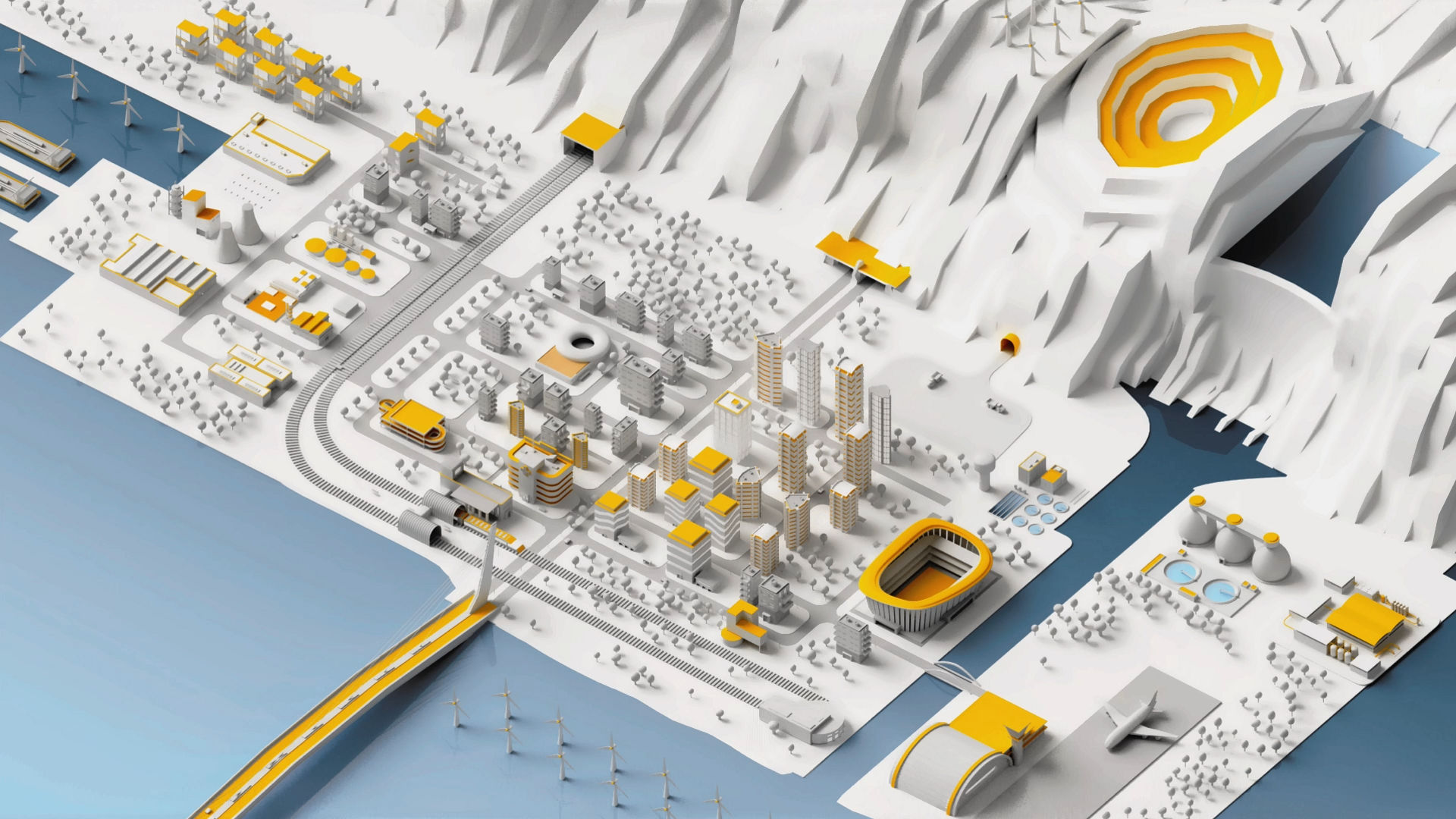 Illustration of Sika city in white, grey, blue and yellow showing highrise, urban landscape, bridge, airport, dam and more