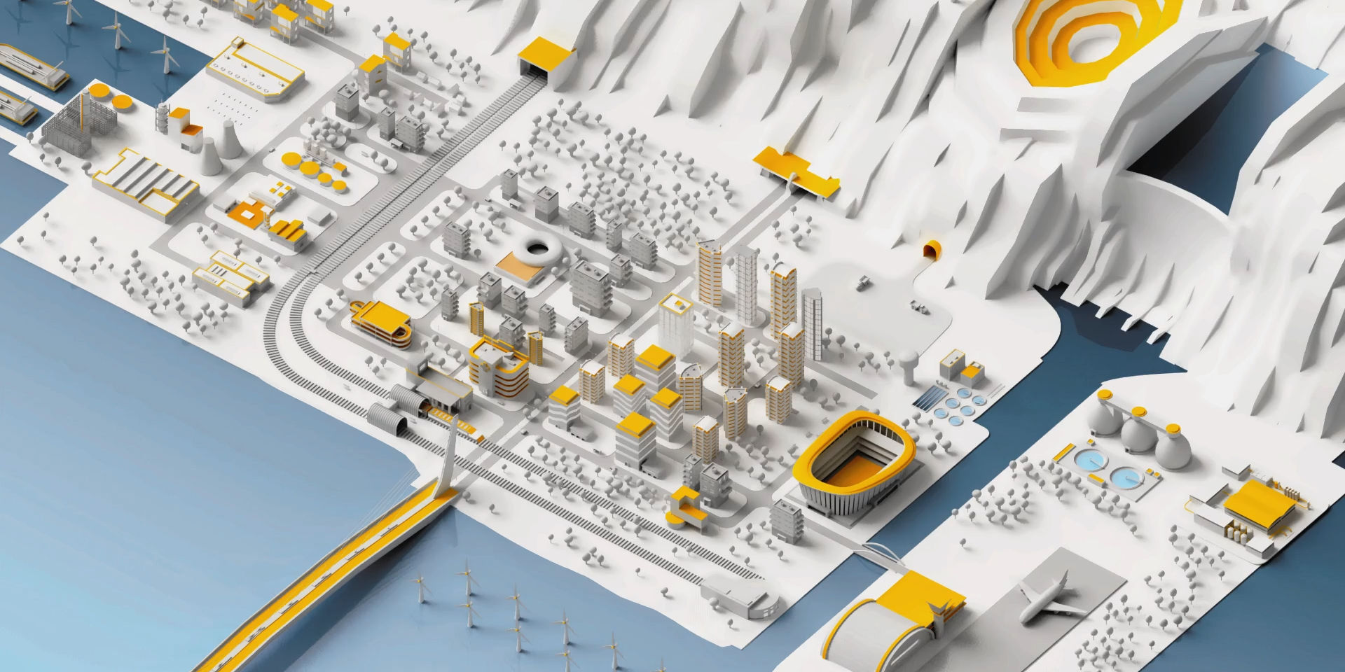 Illustration of Sika city in white, grey, blue and yellow showing highrise, urban landscape, bridge, airport, dam and more
