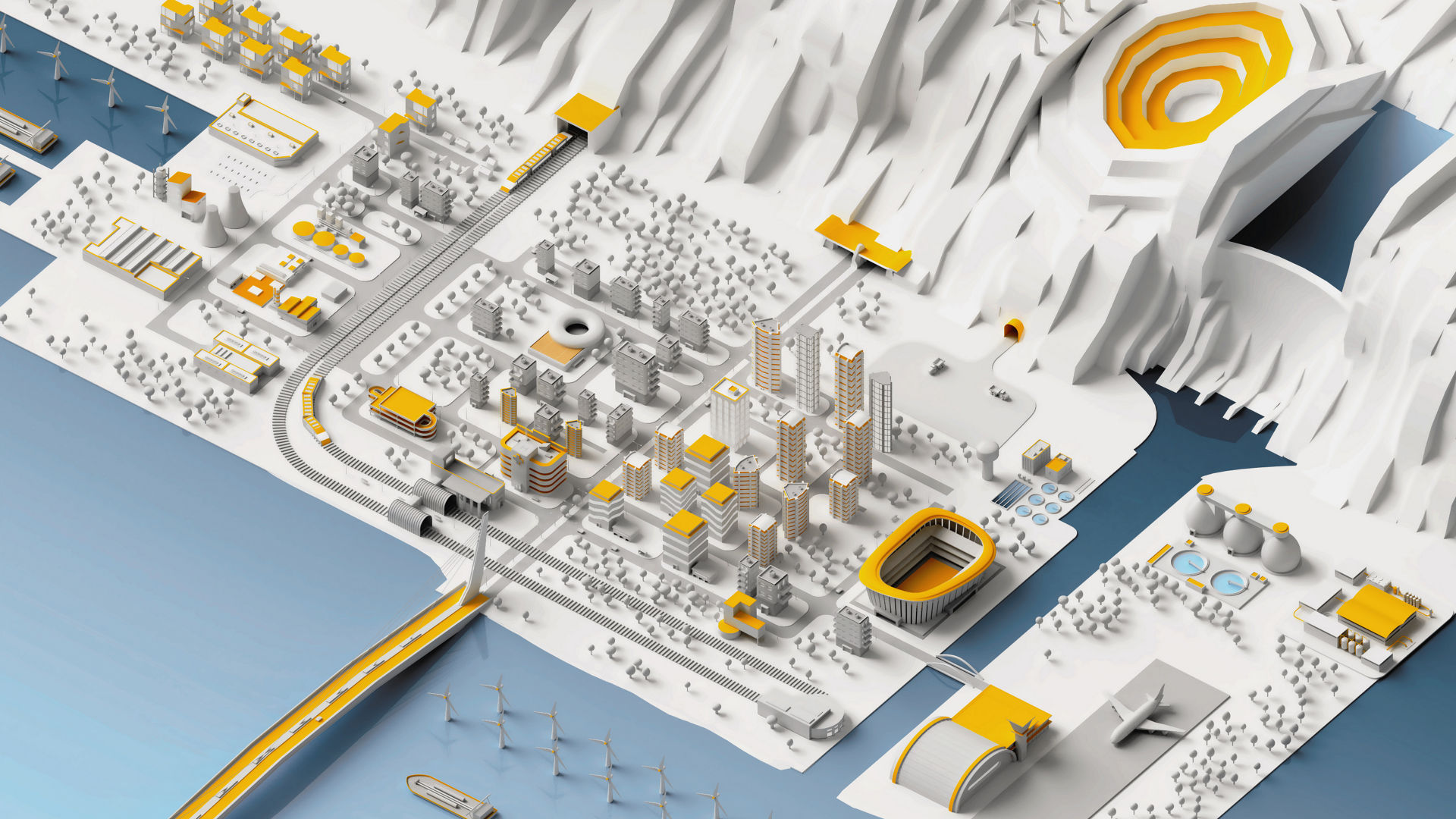 Illustration of Sika city in white, grey, blue and yellow showing highrise, urban landscape, bridge, airport, dam and more