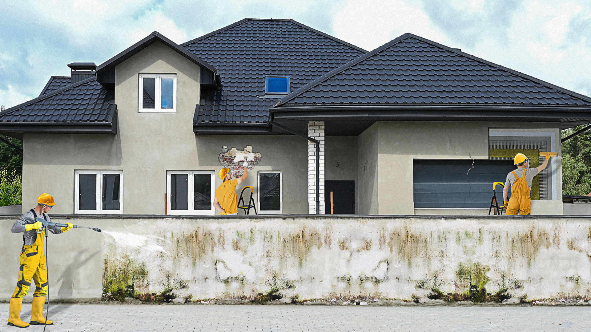 People cleaning, repairing, and renovating home exterior walls