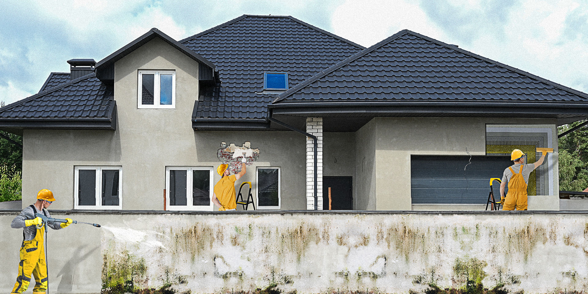 People cleaning, repairing, and renovating home exterior walls