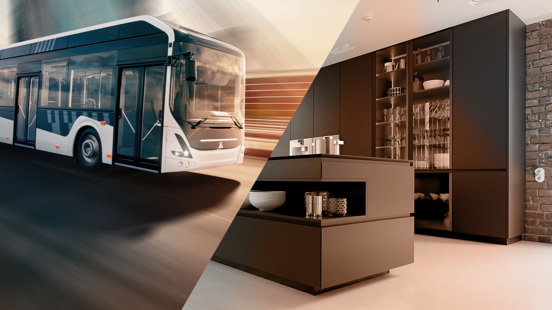 Modern City Bus and Contemporary Kitchen Interior Split