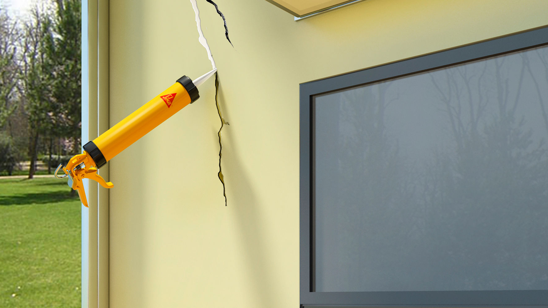 Repairing cracks in a wall with a glue gun
