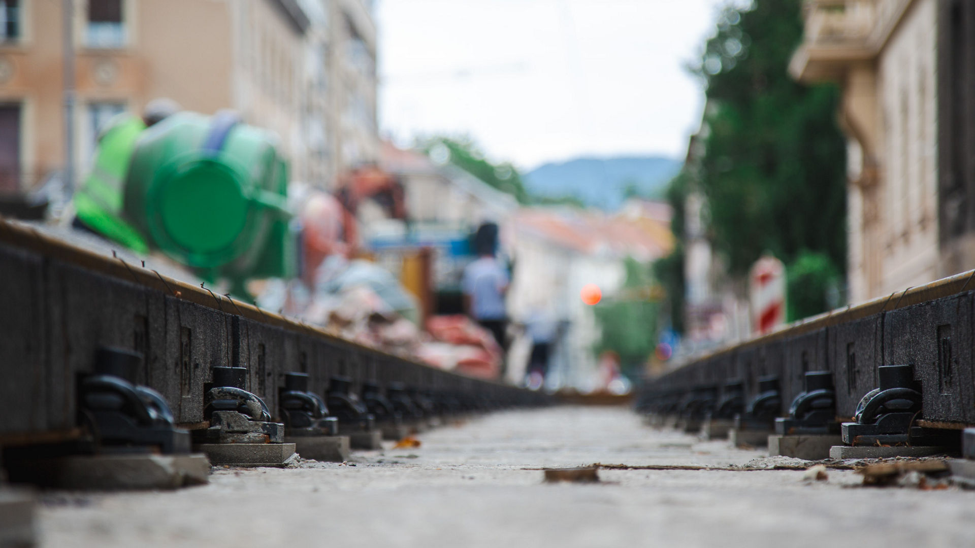 Urban railway construction site with tracks