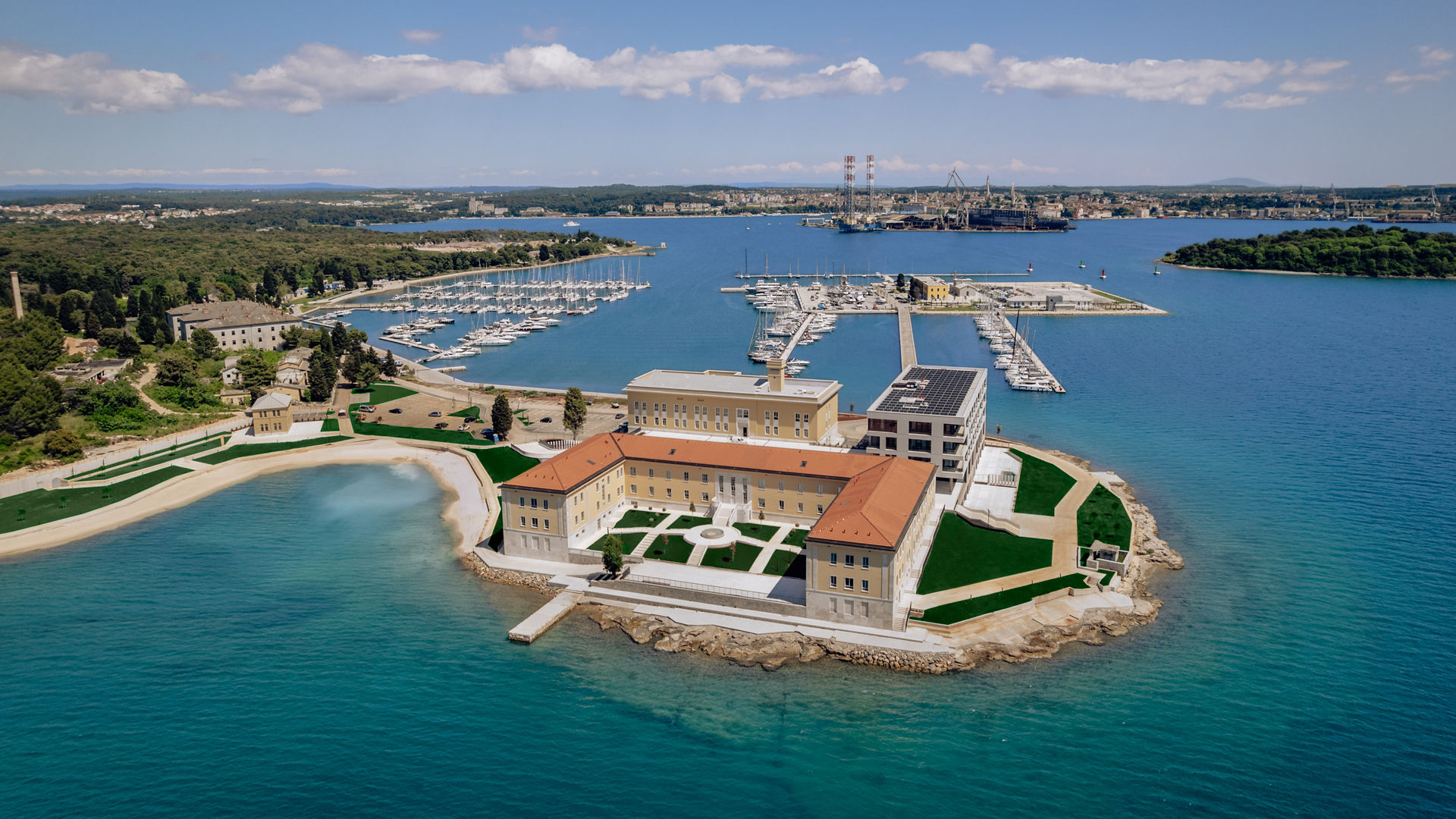 Aerial view of coastal island architecture